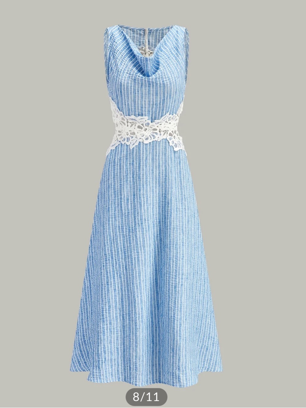 COMMENSE MEDIUM side panel cut out Blue & White Striped Lace-Inset Women’s Dress - Picture 13 of 14